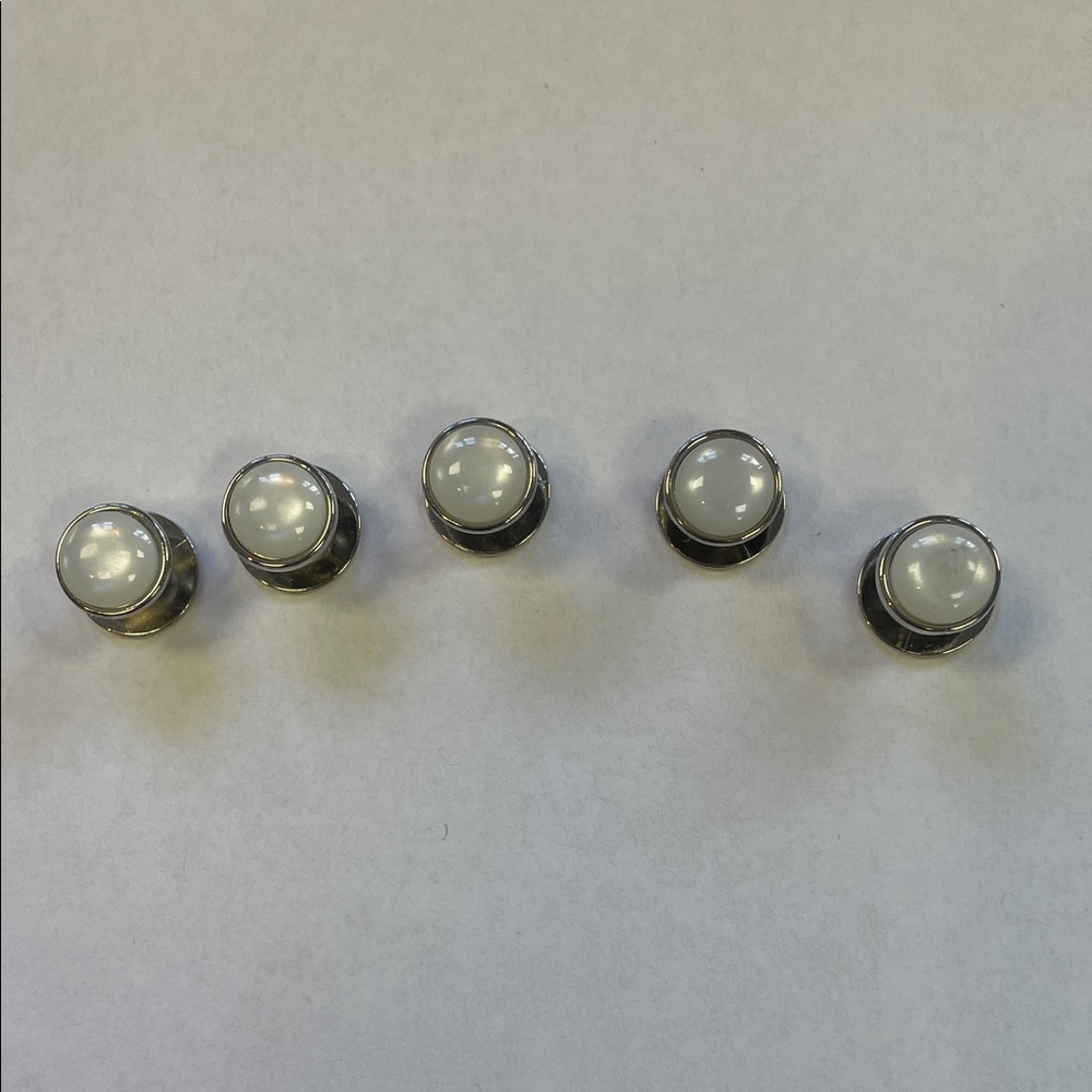 Set of 5 White Enamel Tuxedo Shirt Studs a Silver Trim